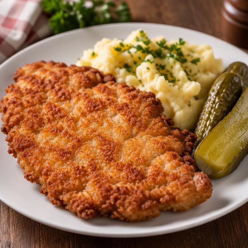 Kotlet schabowy z ziemniakami i ogórkiem